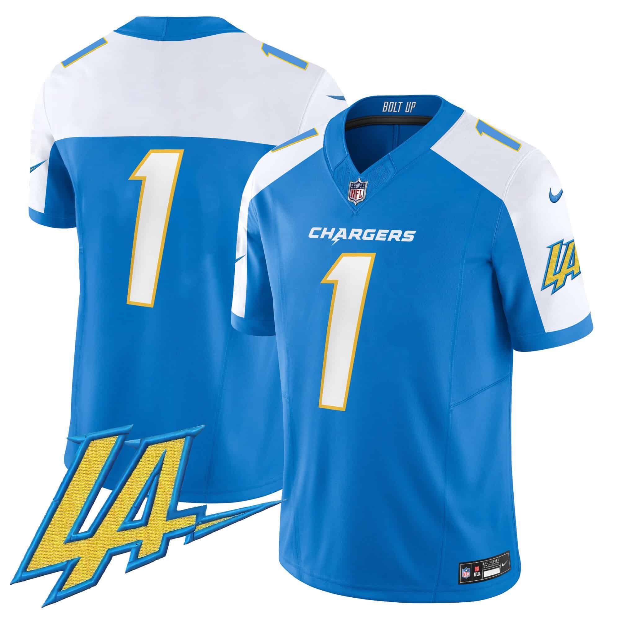 Men Los Angeles Chargers 1 No Name Light Blue 2024 Nike Vapor Limited NFL Jersey